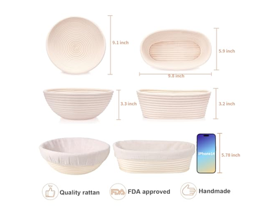Banetón Oval de 1Kg 9 Pulgadas Kit de Panificación de Tamaño Grande Personalizado Rectángulo de Ratán